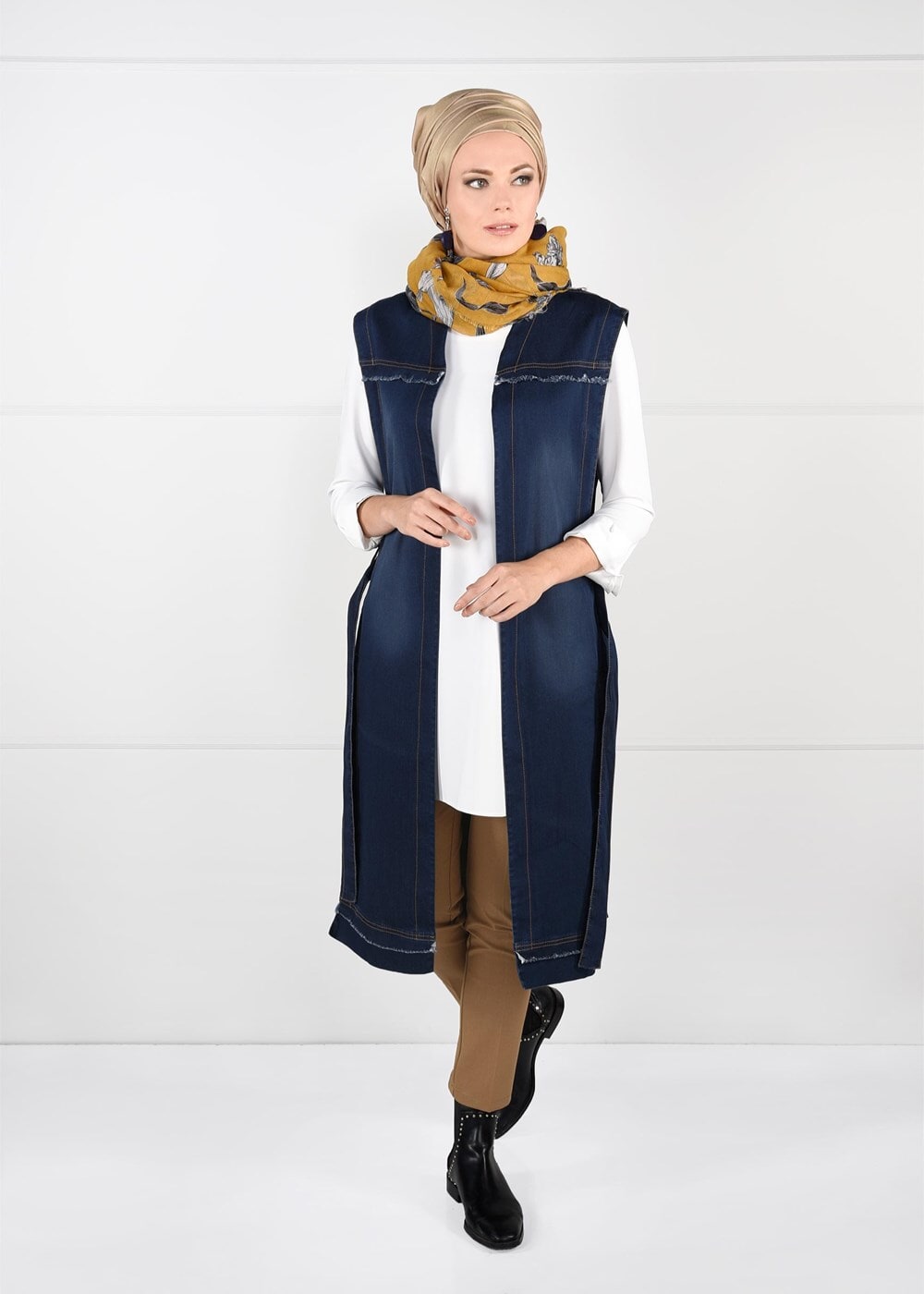 Tesettür giyim LACİVERT NAKIŞLI DENİM YELEK 9807 