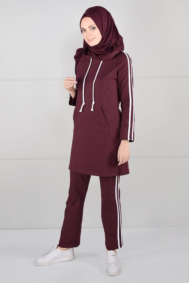 Vêtements hijab ROUGE BORDEAUX TUNIQUE DE SURVÊTEMENT À RAYURES 0051 - TRENDTESETTÜR