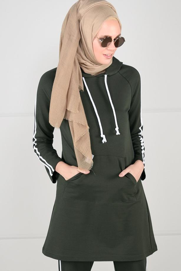 Vêtements hijab KAKI TUNIQUE DE SURVÊTEMENT À RAYURES 0051 - TRENDTESETTÜR