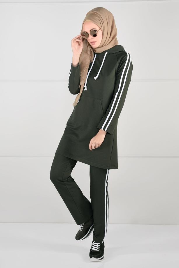 Vêtements hijab KAKI TUNIQUE DE SURVÊTEMENT À RAYURES 0051 - TRENDTESETTÜR