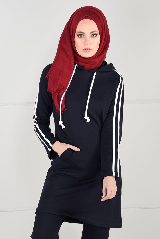 Vêtements hijab BLEU MARINE TUNIQUE DE SURVÊTEMENT À RAYURES 0051 - TRENDTESETTÜR