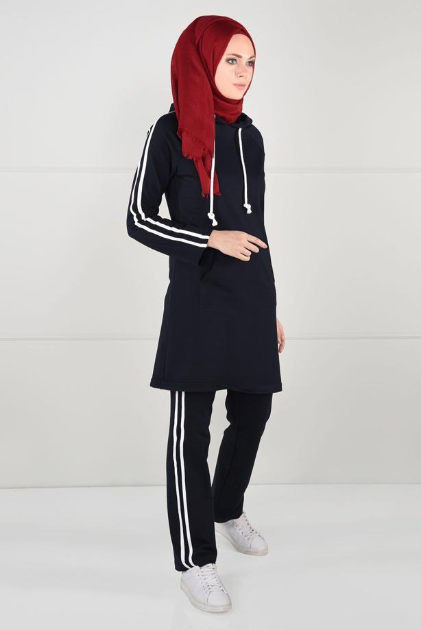 Vêtements hijab BLEU MARINE TUNIQUE DE SURVÊTEMENT À RAYURES 0051 - TRENDTESETTÜR