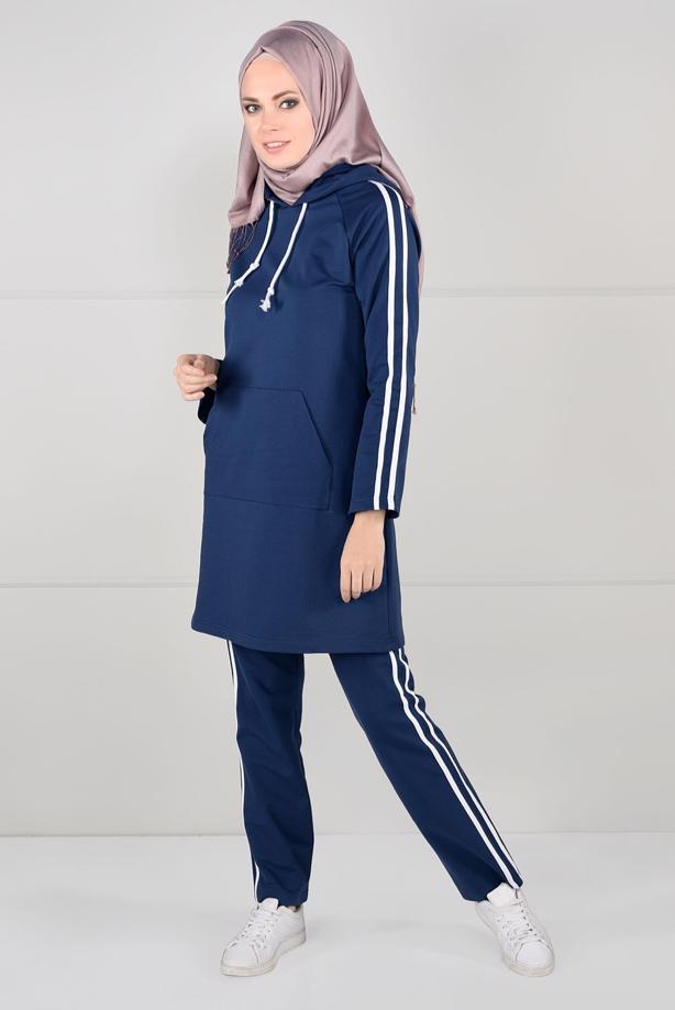Vêtements hijab BLEU MARINE TUNIQUE DE SURVÊTEMENT À RAYURES 0051 - TRENDTESETTÜR