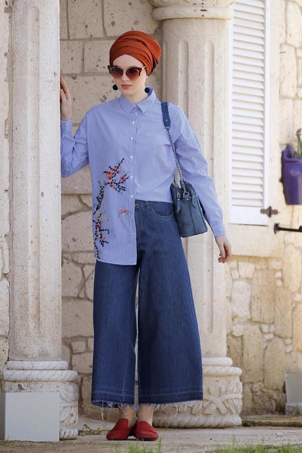 Tesettür giyim  T 8352 Magazin-Bol Kesim Denim Pantolon - TRENDTESETTÜR