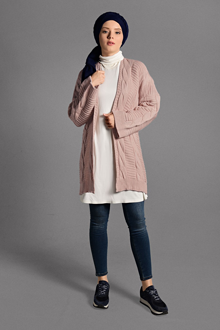 Tesettür giyim PUDRA SAÇ ÖRGÜLÜ TRİKO HIRKA 0919 