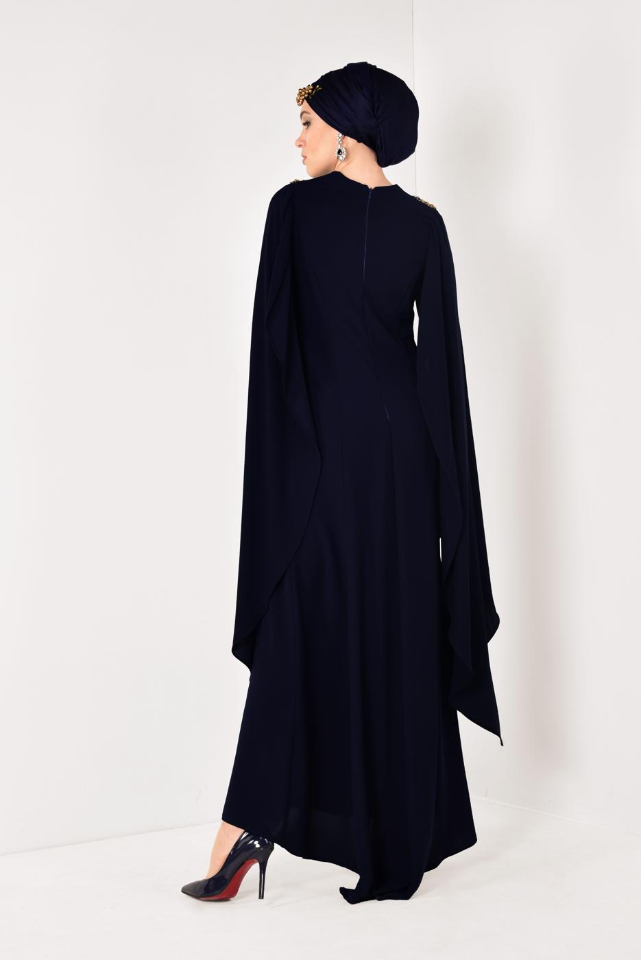 Hijab clothing NAVY BLUE Bead Embroidered Evening Dress T 7091-1 
