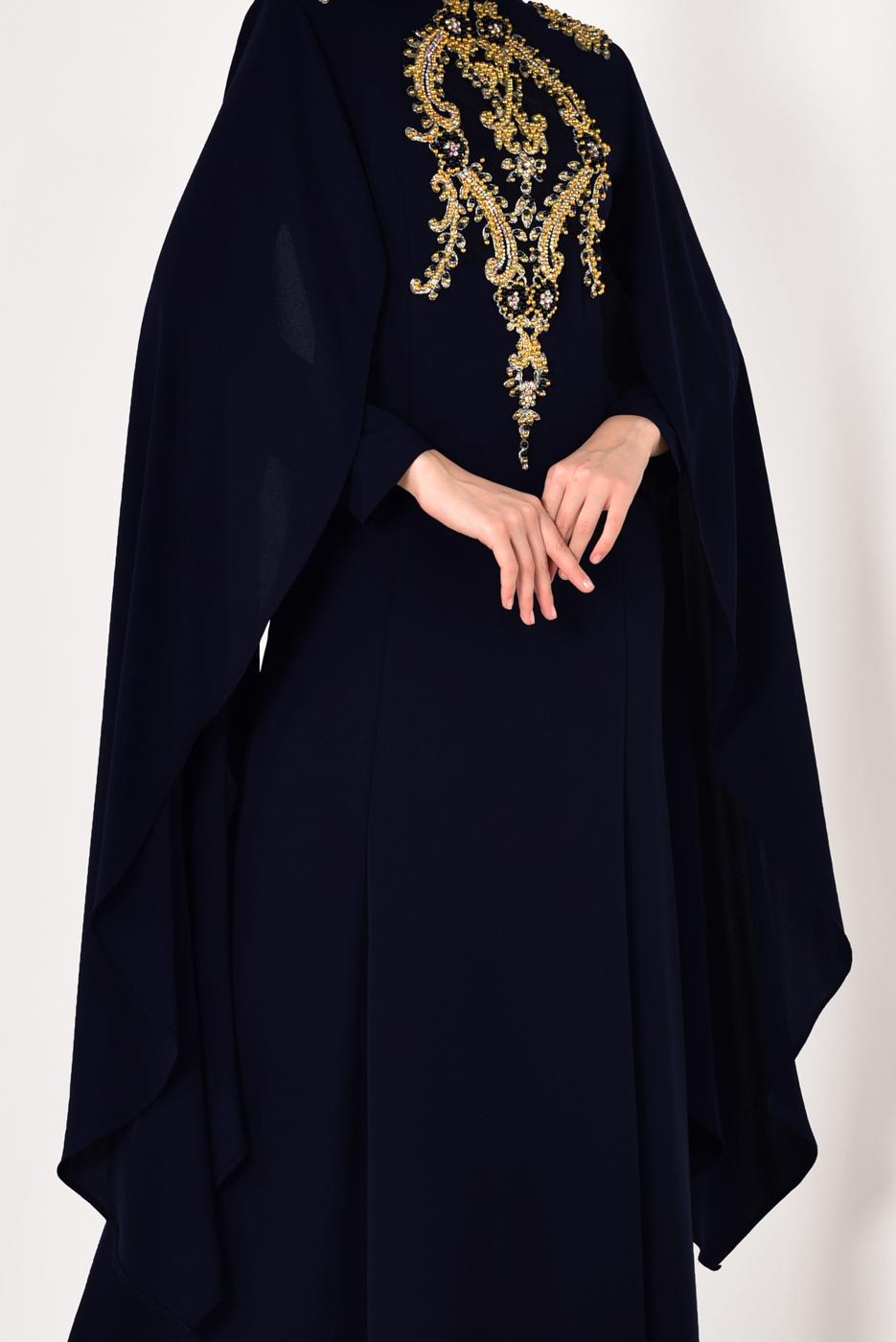 Hijab clothing NAVY BLUE Bead Embroidered Evening Dress T 7091-1 