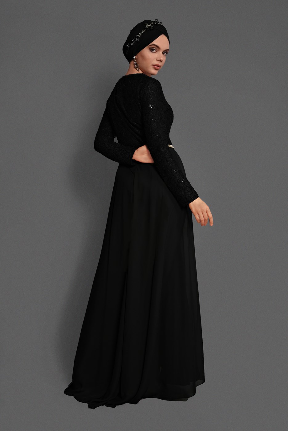 Tesettür giyim SİYAH DANTEL DETAYLI ABİYE ELBİSE 08625 