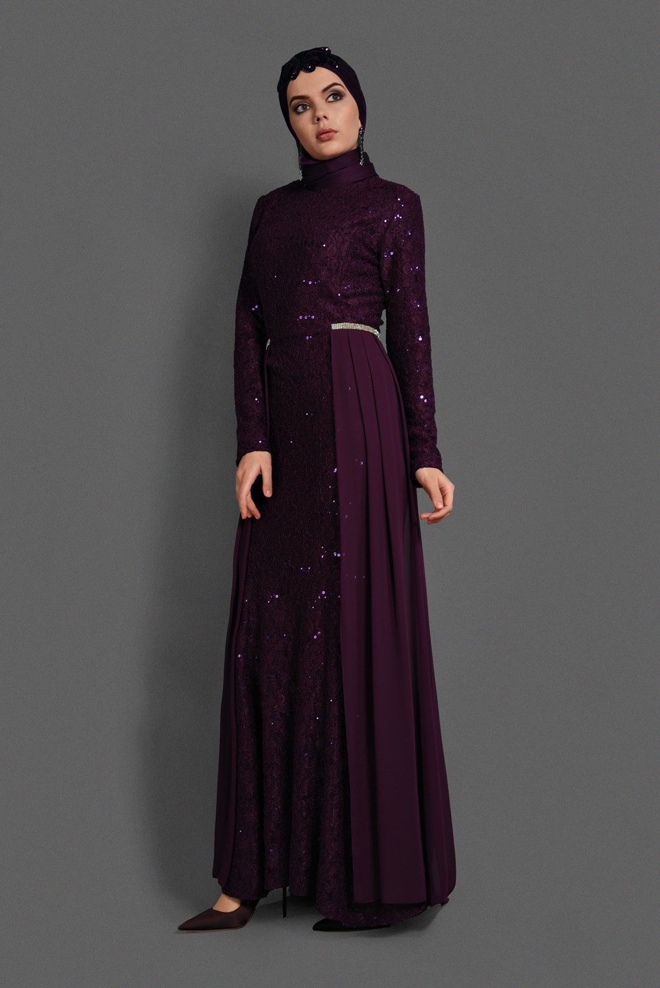 Tesettür giyim MOR DANTEL DETAYLI ABİYE ELBİSE 08625 