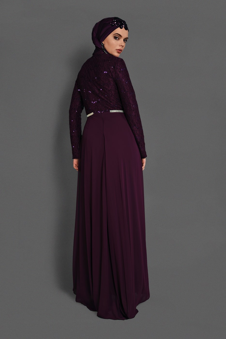 Tesettür giyim MOR DANTEL DETAYLI ABİYE ELBİSE 08625 