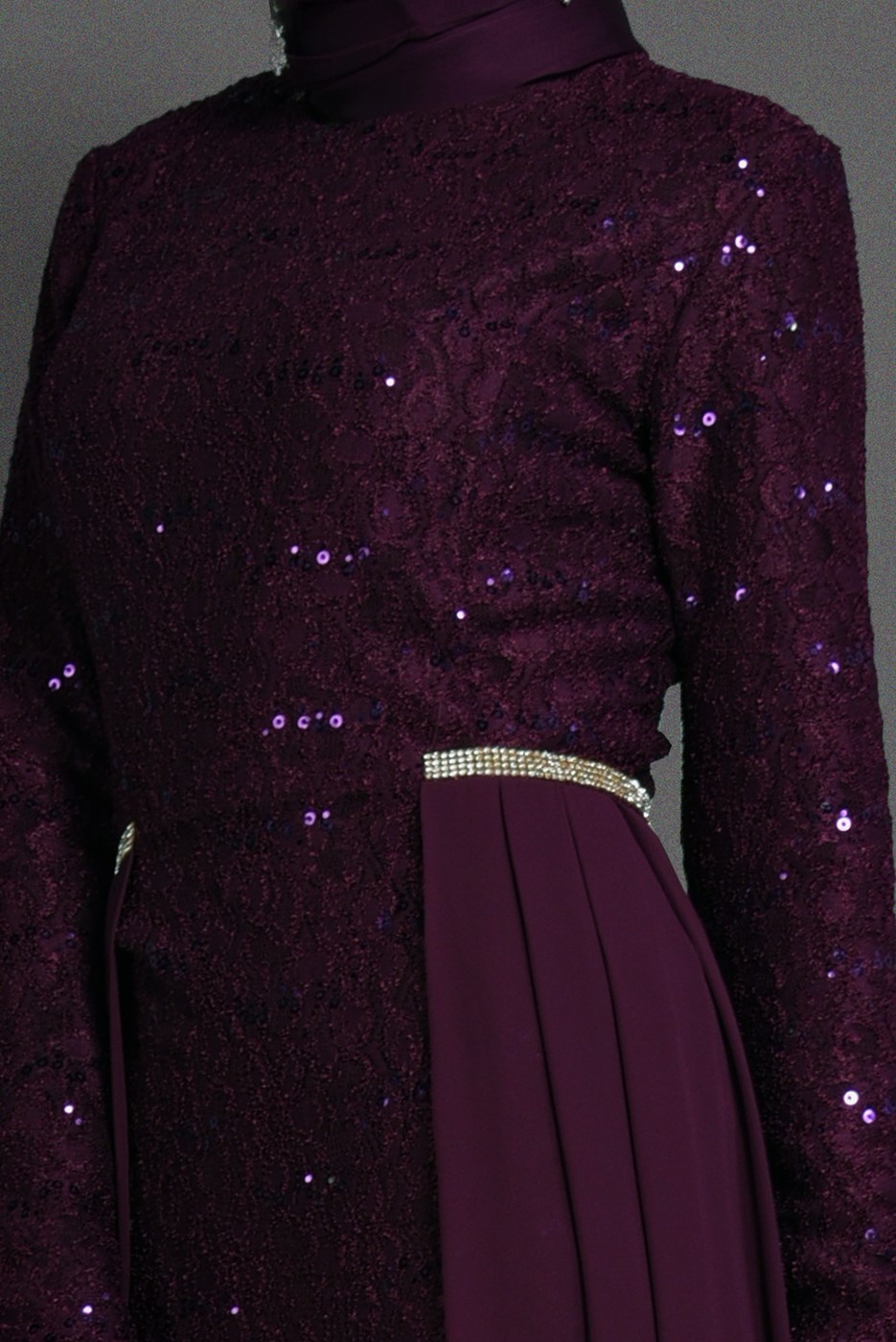 Tesettür giyim MOR DANTEL DETAYLI ABİYE ELBİSE 08625 