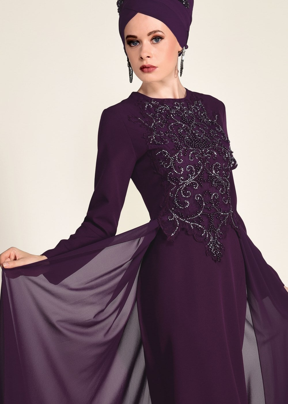 Tesettür giyim MOR BONCUK İŞLEME ABİYE ELBİSE 09625 