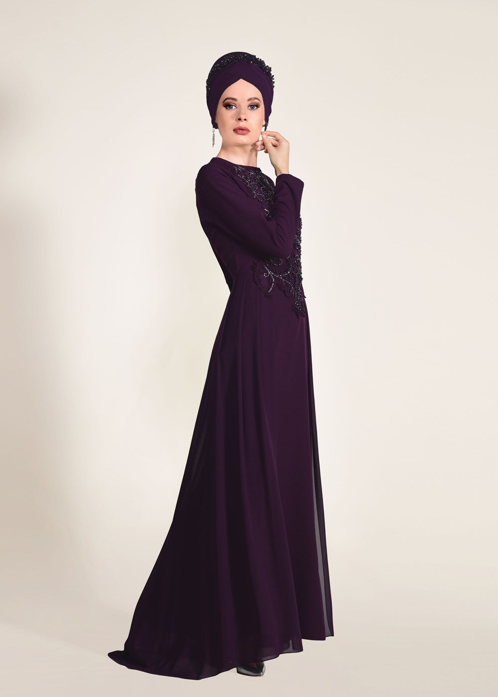 Tesettür giyim MOR BONCUK İŞLEME ABİYE ELBİSE 09625 