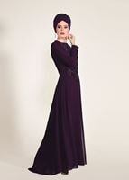 Tesettür giyim MOR BONCUK İŞLEME ABİYE ELBİSE 09625 