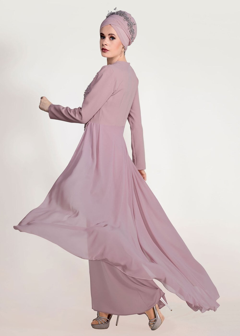 Tesettür giyim PUDRA BONCUK İŞLEME ABİYE ELBİSE 09625 