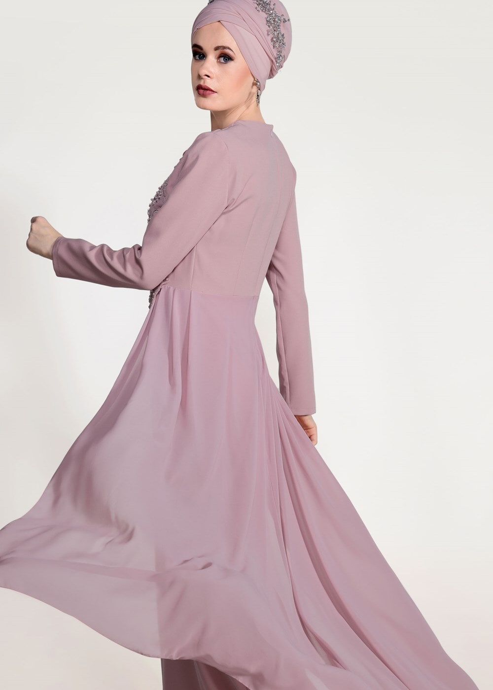 Tesettür giyim PUDRA BONCUK İŞLEME ABİYE ELBİSE 09625 