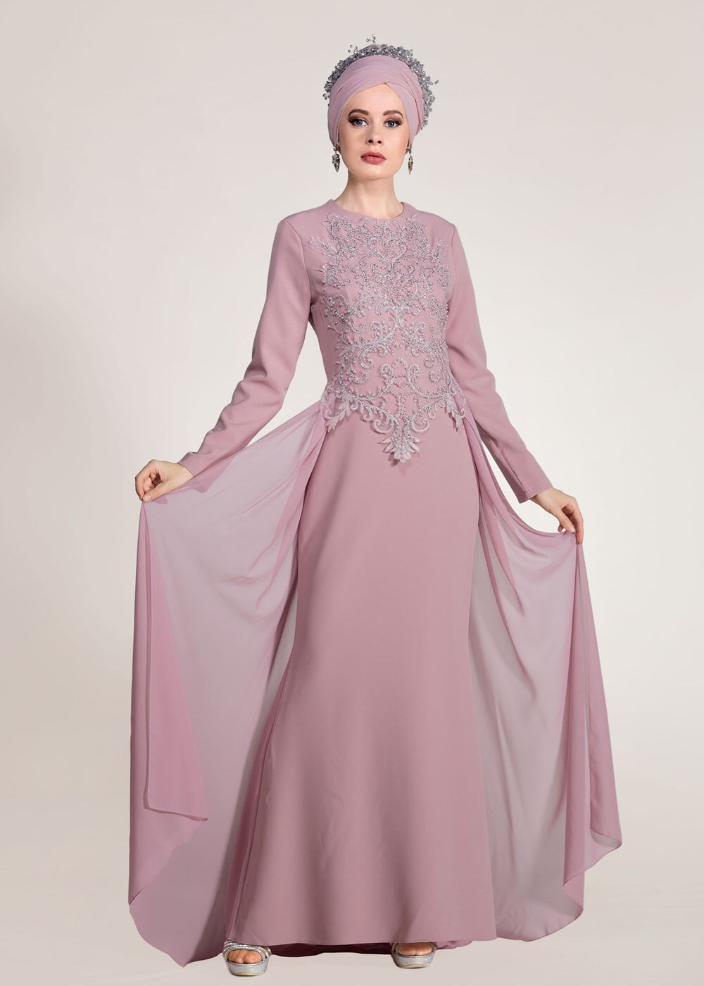 Tesettür giyim PUDRA BONCUK İŞLEME ABİYE ELBİSE 09625 