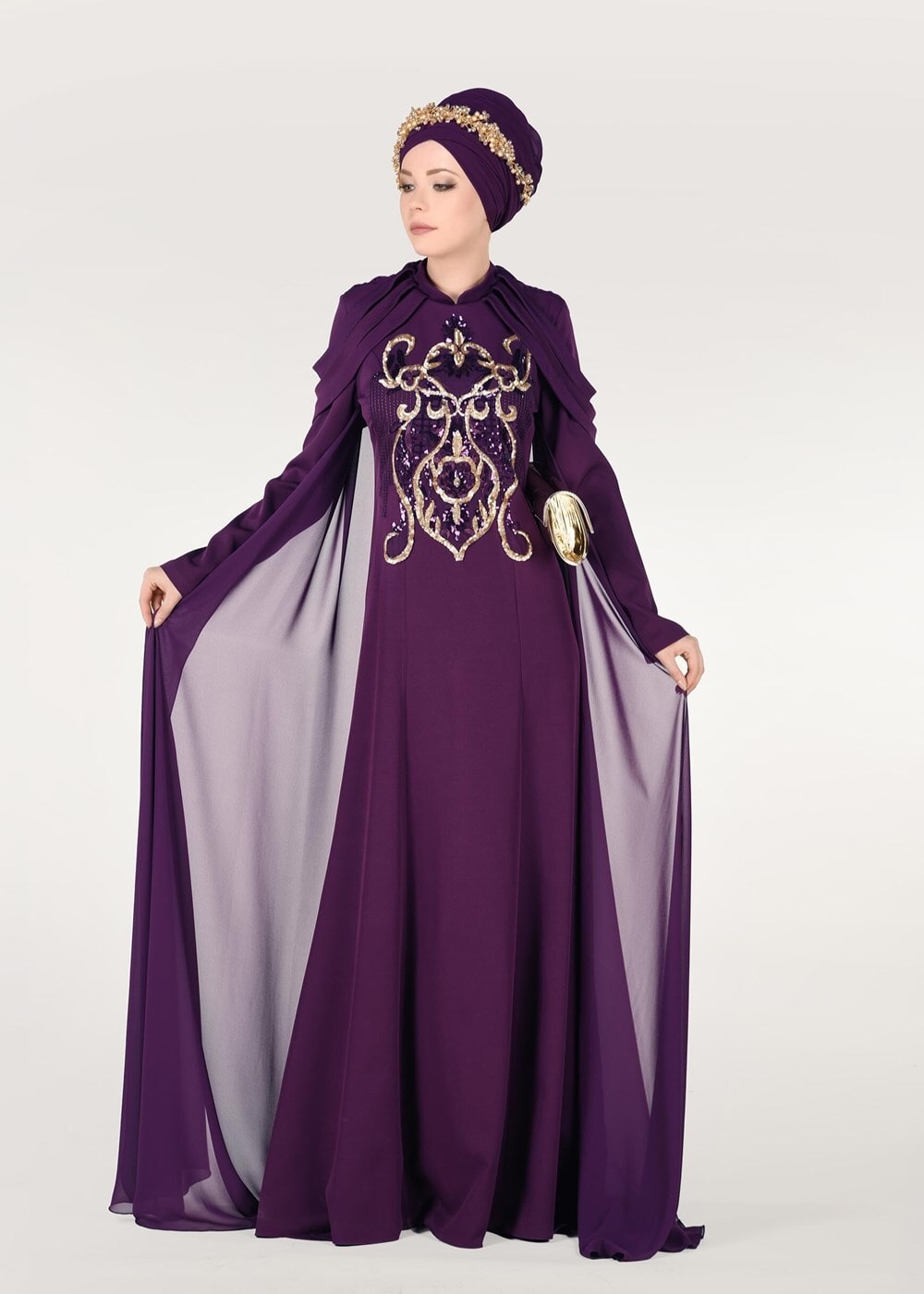 Hijab clothing PURPLE EVENING DRESS WITH CAPE 18102 