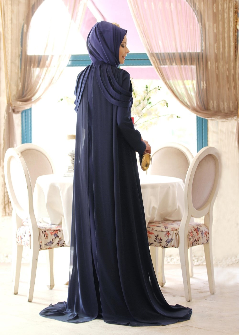 Hijab clothing NAVY BLUE EVENING DRESS WITH CAPE 18102 