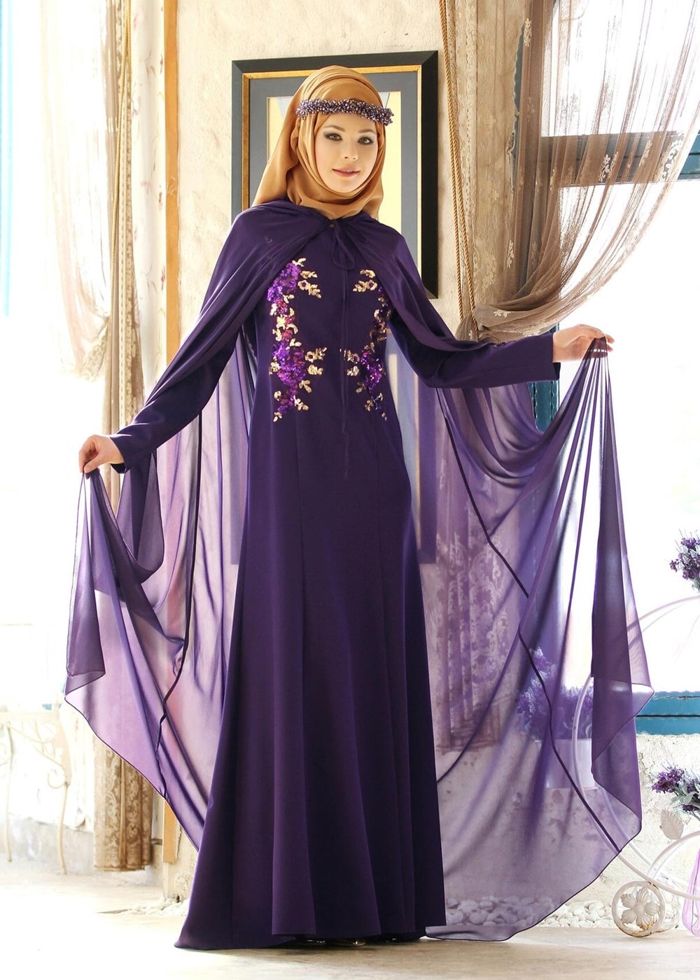 Hijab clothing PURPLE EVENING DRESS WITH CAPE 38102 