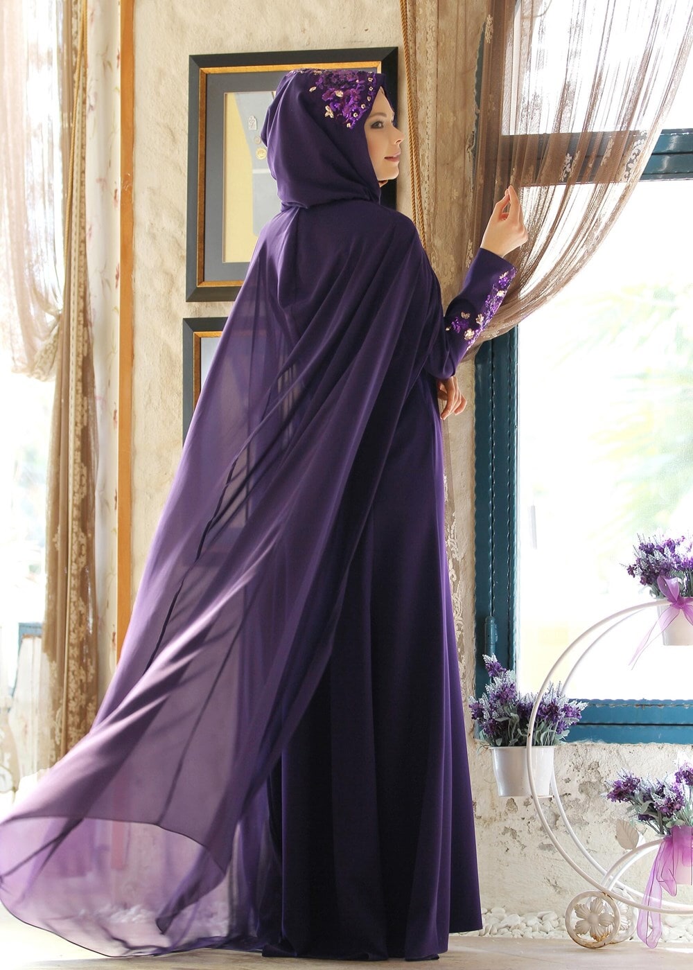 Hijab clothing PURPLE EVENING DRESS WITH CAPE 38102 