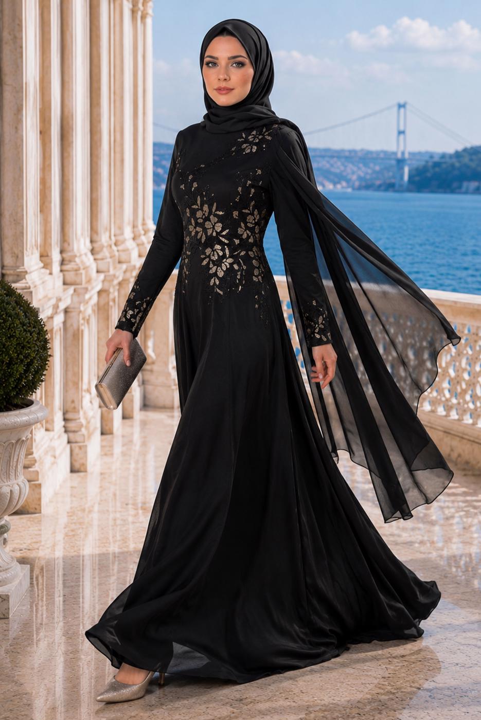 Hijab clothing BLACK EMBROIDERY DETAIL EVENING DRESS 48102 