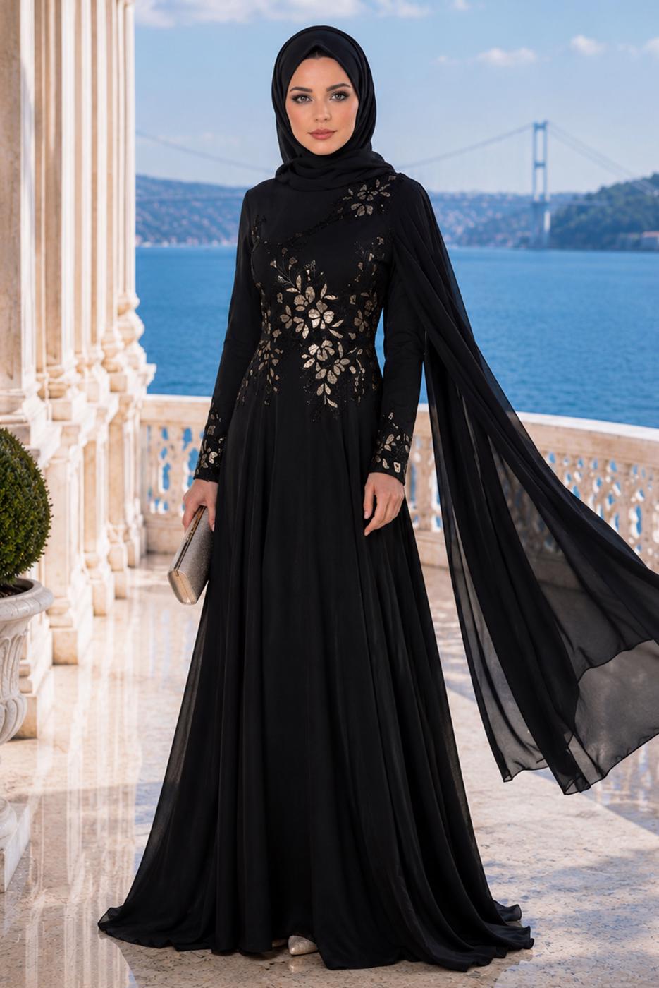 Hijab clothing BLACK EMBROIDERY DETAIL EVENING DRESS 48102 