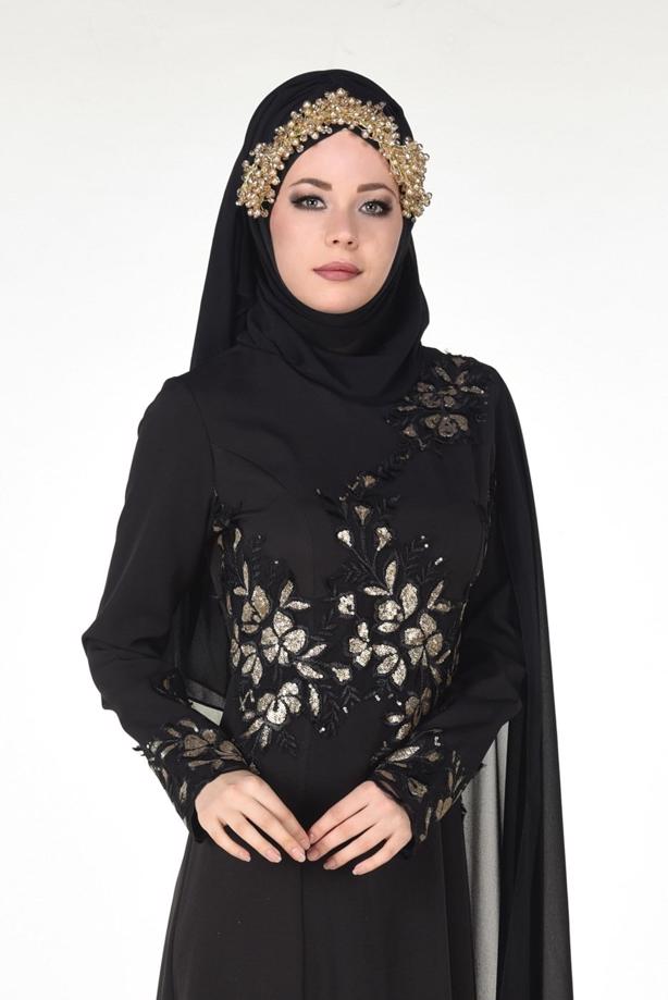 Tesettür giyim  İŞLEME DETAYLI ABİYE ELBİSE 48102 - TRENDTESETTÜR