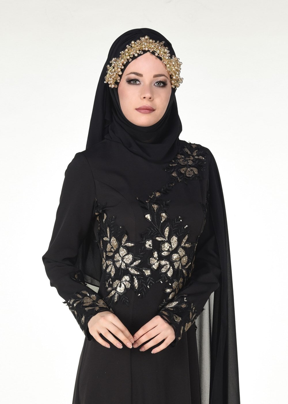 Hijab clothing BLACK EMBROIDERY DETAIL EVENING DRESS 48102 
