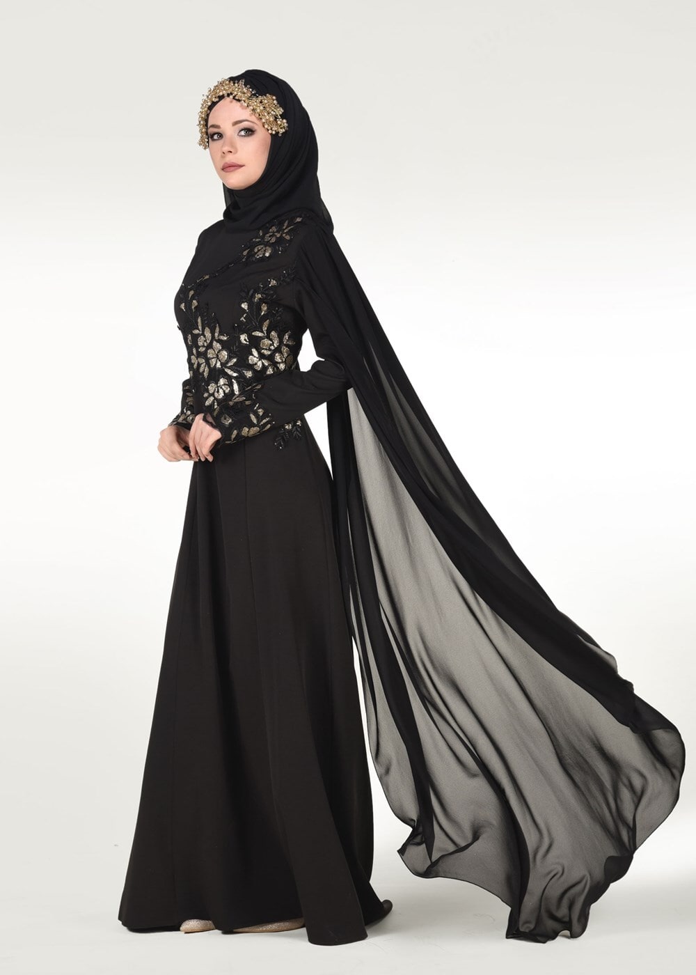 Hijab clothing BLACK EMBROIDERY DETAIL EVENING DRESS 48102 