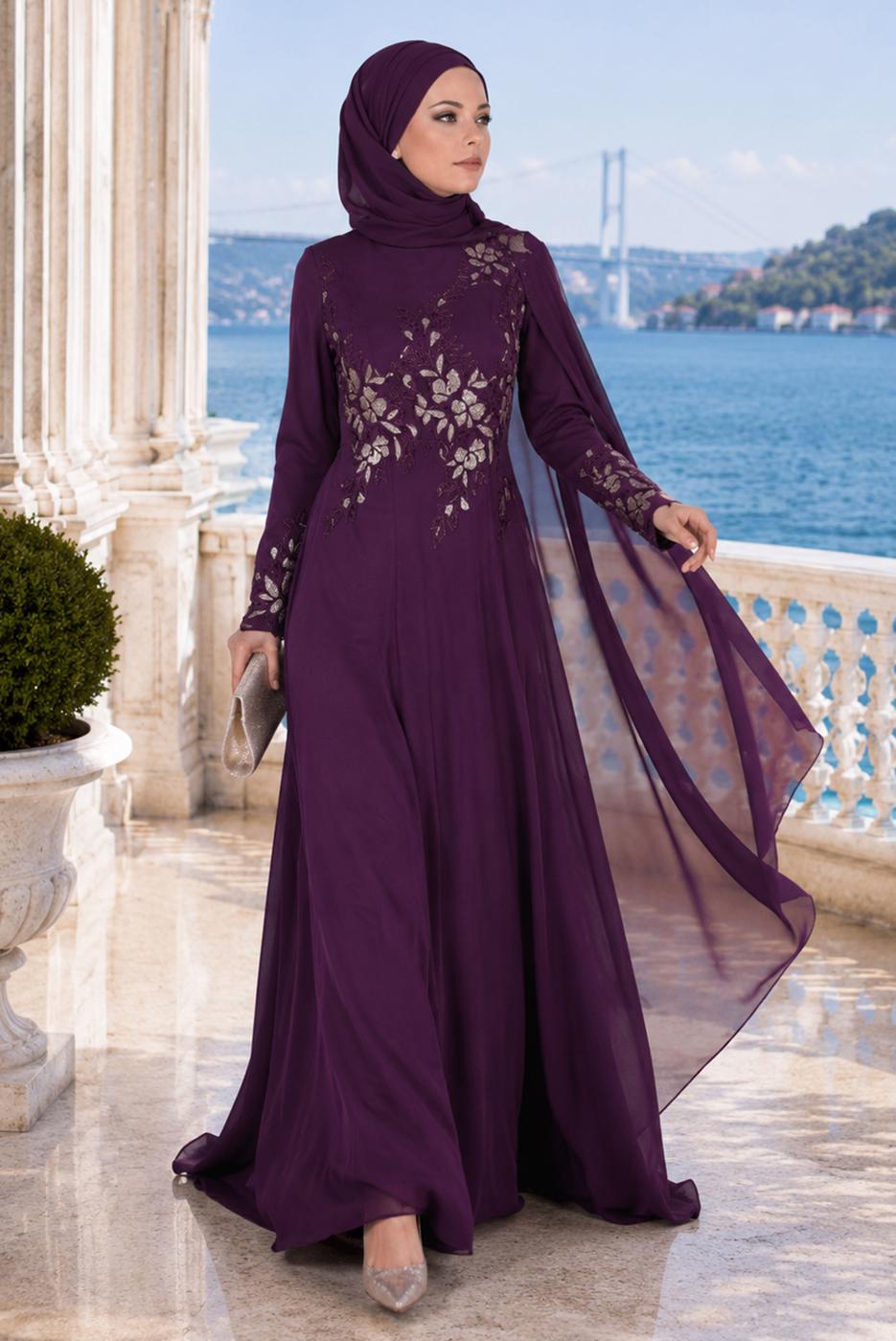 Hijab clothing PURPLE EMBROIDERY DETAIL EVENING DRESS 48102 