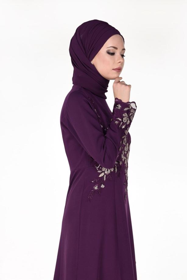 Tesettür giyim  İŞLEME DETAYLI ABİYE ELBİSE 48102 - TRENDTESETTÜR