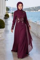 Hijab clothing CLARET RED EMBROIDERY DETAIL EVENING DRESS 48102 