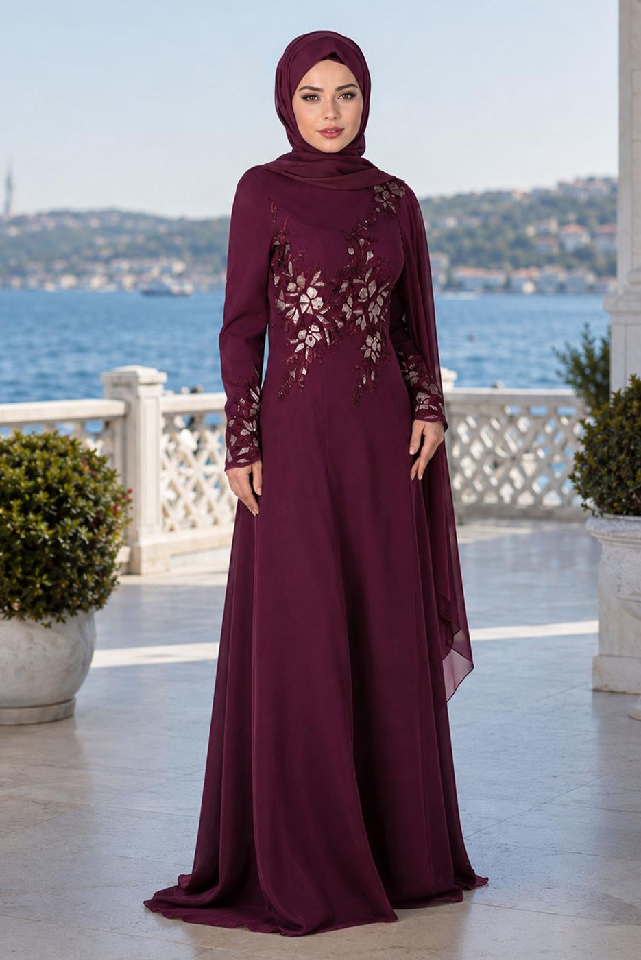 Hijab clothing CLARET RED EMBROIDERY DETAIL EVENING DRESS 48102 
