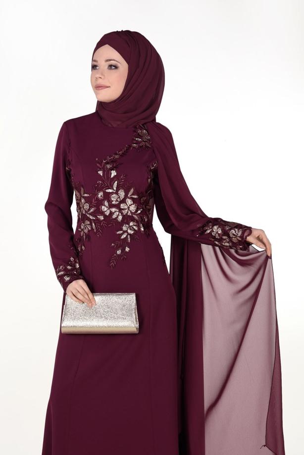 Tesettür giyim  İŞLEME DETAYLI ABİYE ELBİSE 48102 - TRENDTESETTÜR