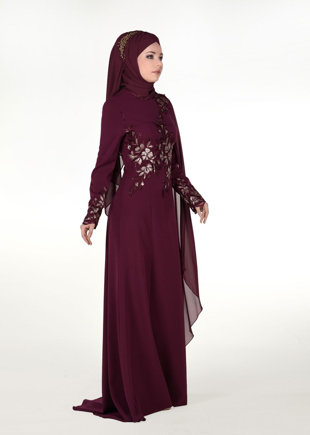 Hijab clothing CLARET RED EMBROIDERY DETAIL EVENING DRESS 48102 