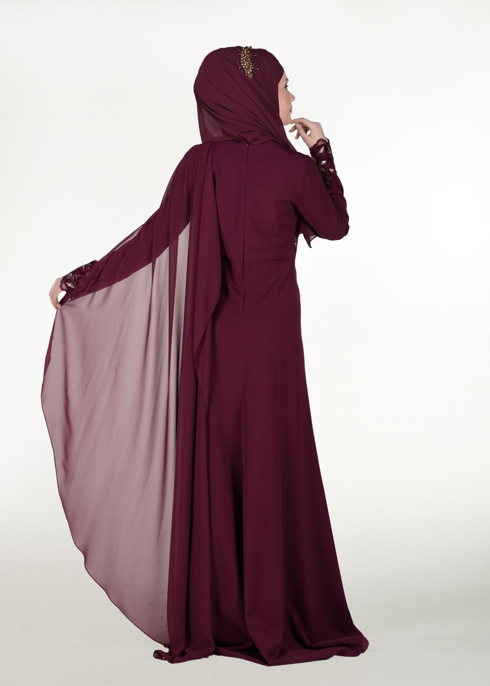 Hijab clothing CLARET RED EMBROIDERY DETAIL EVENING DRESS 48102 