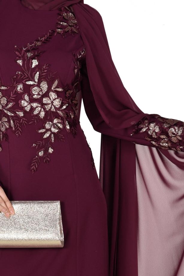 Tesettür giyim  İŞLEME DETAYLI ABİYE ELBİSE 48102 - TRENDTESETTÜR