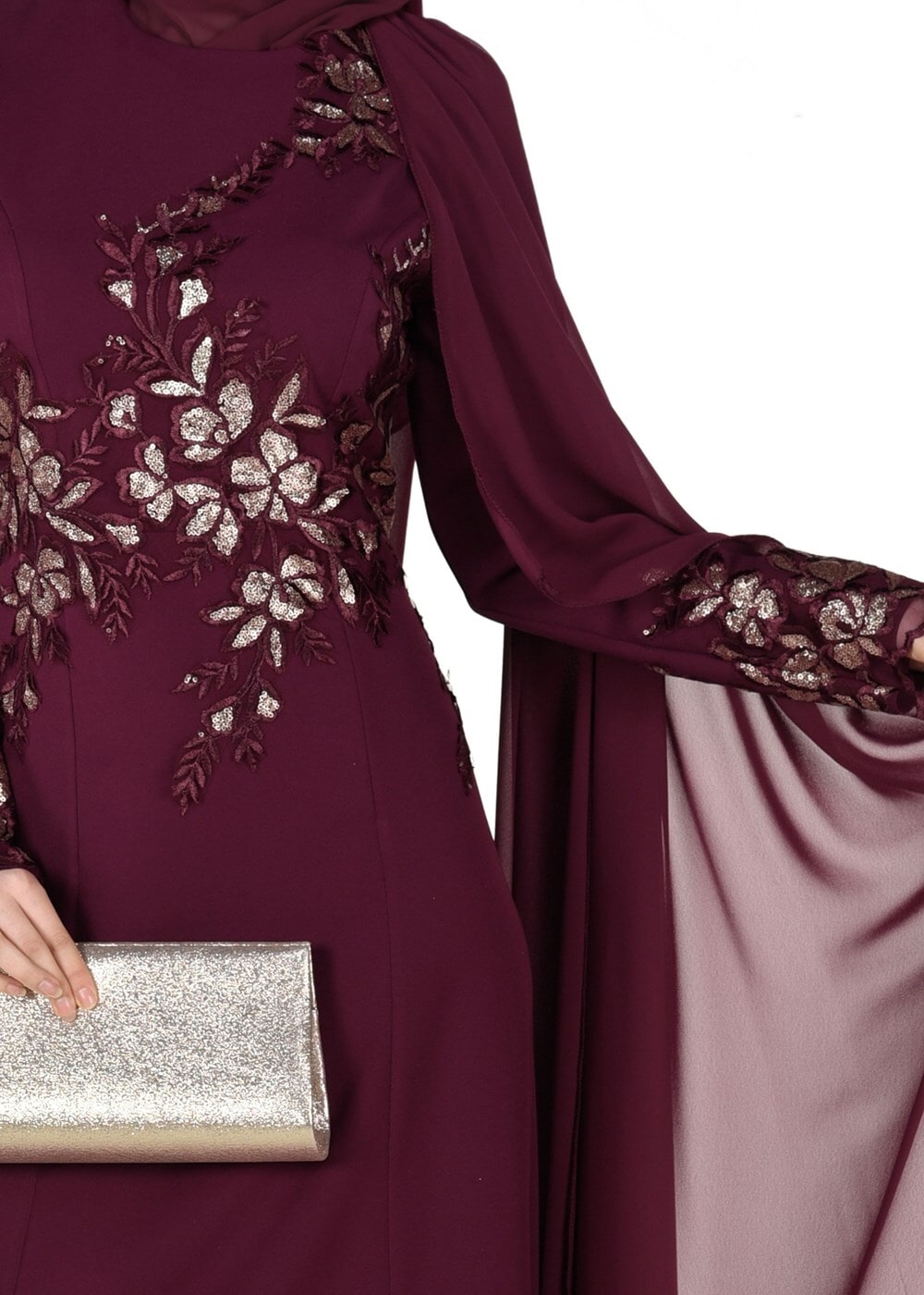 Hijab clothing CLARET RED EMBROIDERY DETAIL EVENING DRESS 48102 