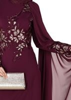 Hijab clothing CLARET RED EMBROIDERY DETAIL EVENING DRESS 48102 