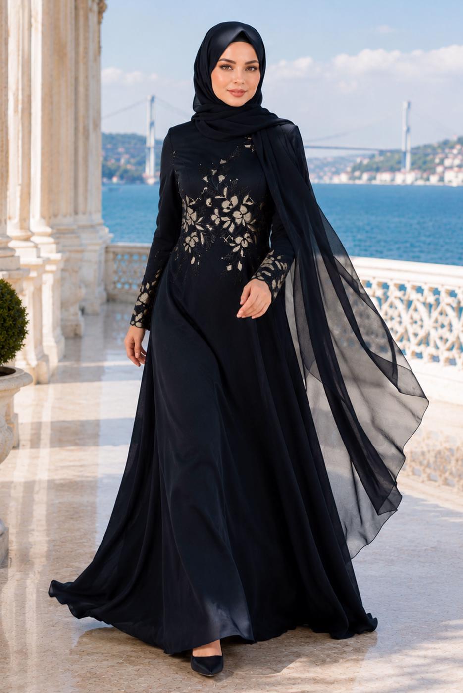 Hijab clothing NAVY BLUE EMBROIDERY DETAIL EVENING DRESS 48102 