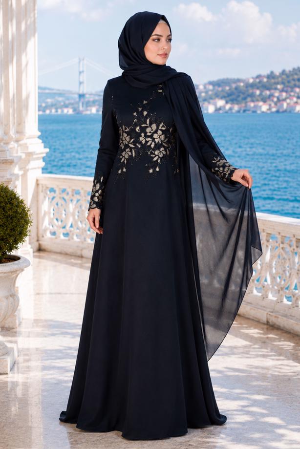 Hijab clothing  EMBROIDERY DETAIL EVENING DRESS 48102  - TRENDTESETTÜR