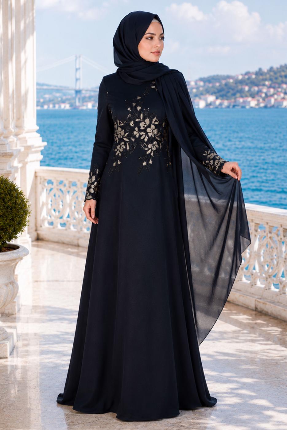 Hijab clothing NAVY BLUE EMBROIDERY DETAIL EVENING DRESS 48102 