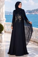 Hijab clothing NAVY BLUE EMBROIDERY DETAIL EVENING DRESS 48102 
