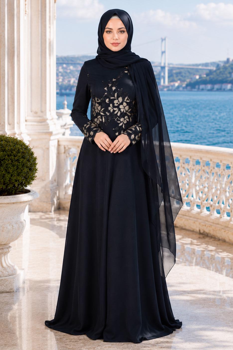 Hijab clothing NAVY BLUE EMBROIDERY DETAIL EVENING DRESS 48102 