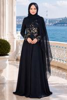 Hijab clothing NAVY BLUE EMBROIDERY DETAIL EVENING DRESS 48102 