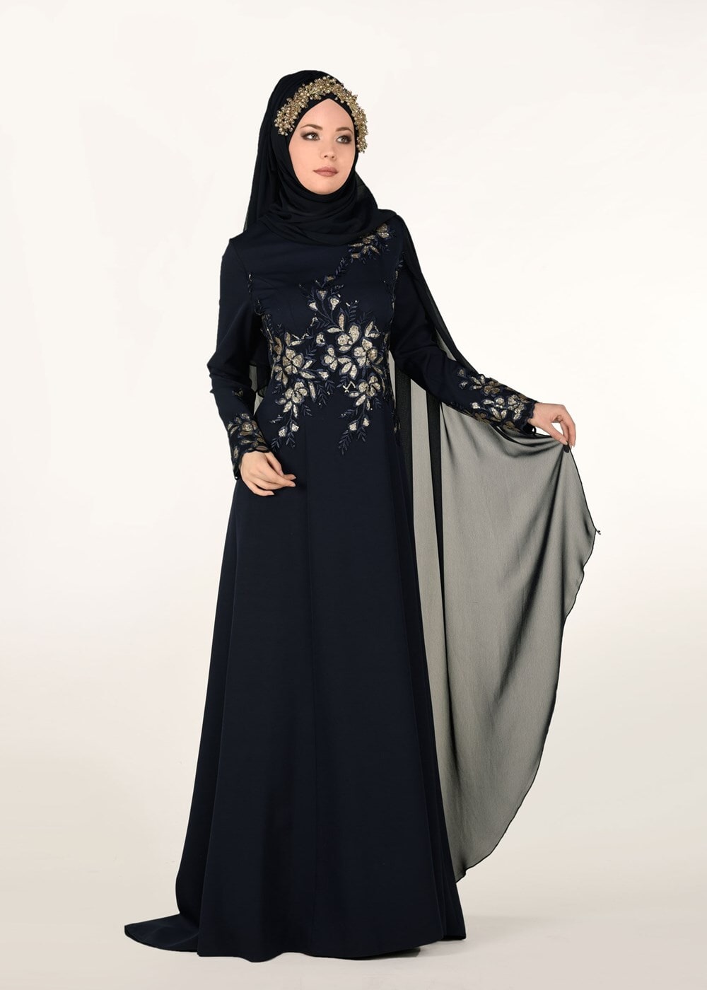 Hijab clothing NAVY BLUE EMBROIDERY DETAIL EVENING DRESS 48102 
