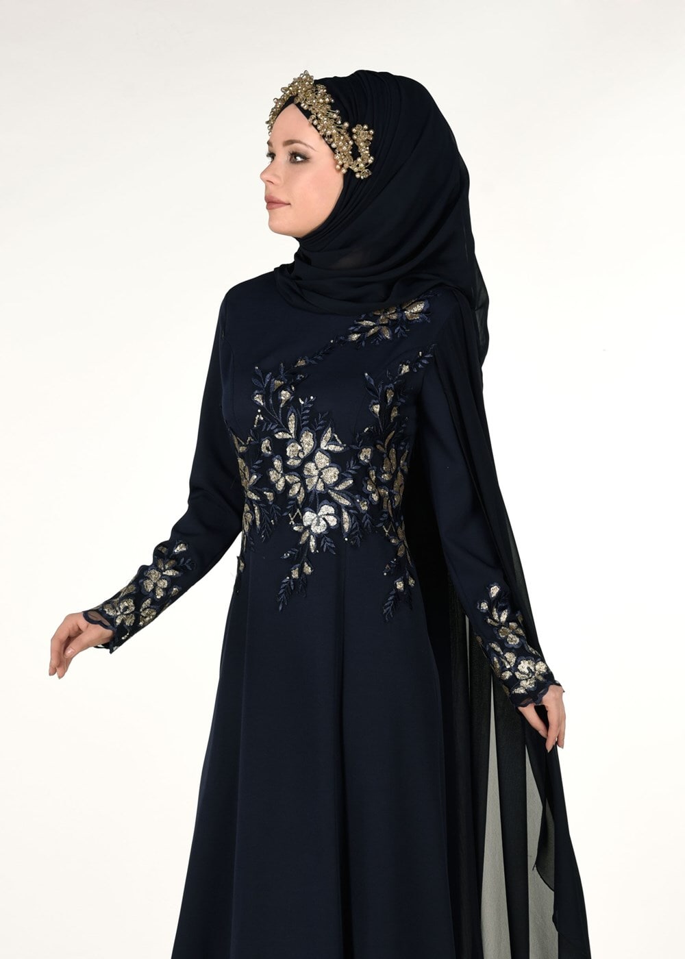 Hijab clothing NAVY BLUE EMBROIDERY DETAIL EVENING DRESS 48102 