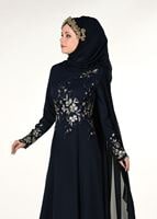 Hijab clothing NAVY BLUE EMBROIDERY DETAIL EVENING DRESS 48102 