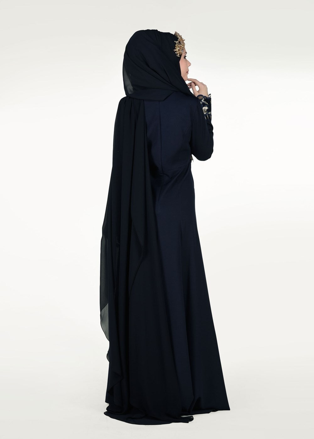 Hijab clothing NAVY BLUE EMBROIDERY DETAIL EVENING DRESS 48102 